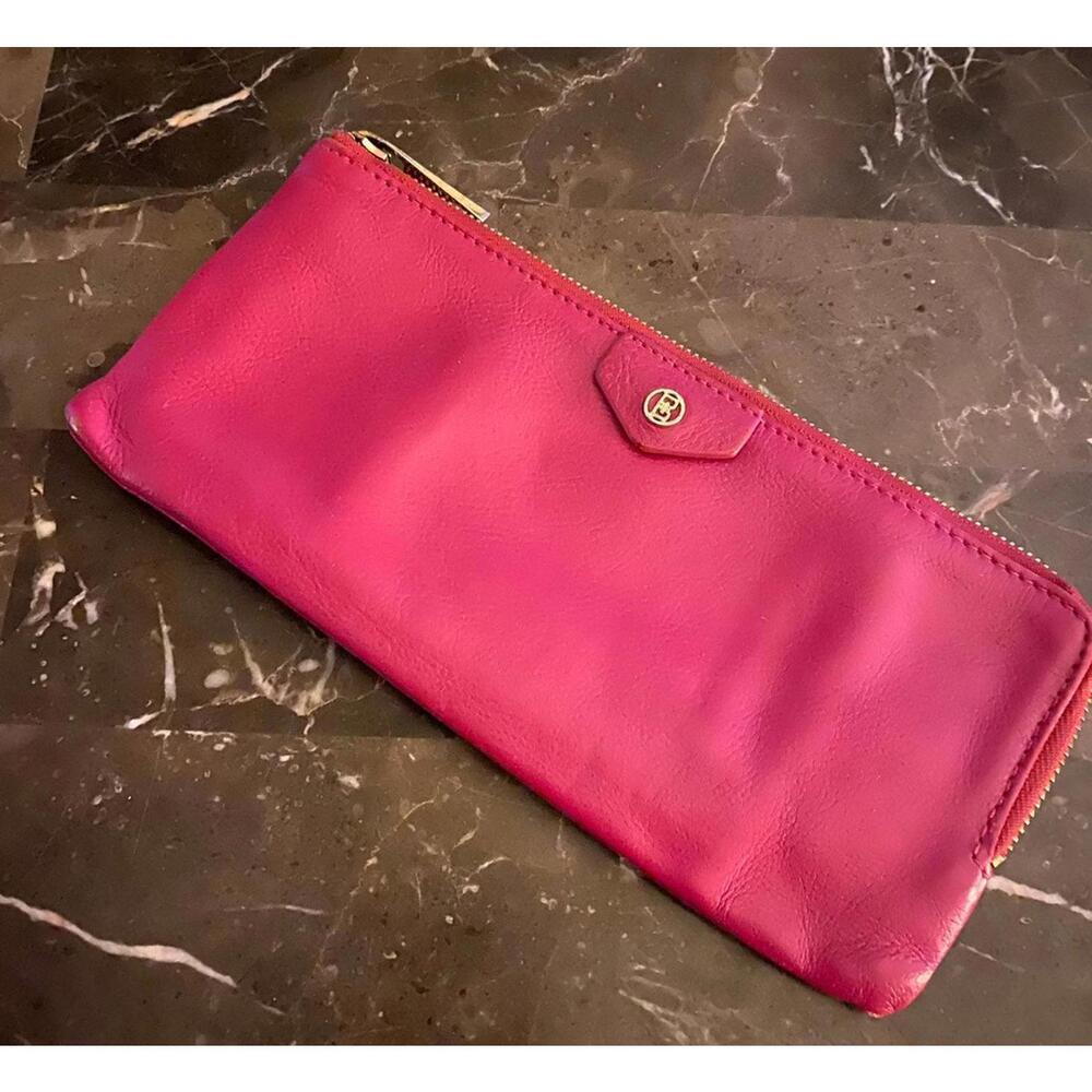 Boulevard Fuchsia Leather Zip Around Slim‎ Clutch Wallet Gold Hardware Pink